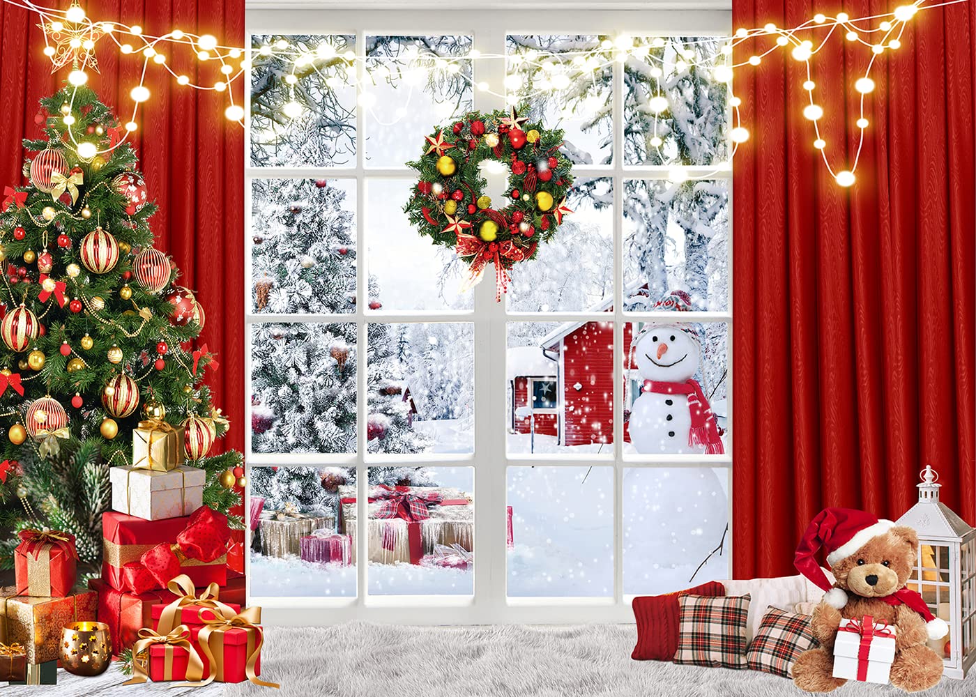 Christmas Window Backdrop 8x6ft Red Curtain Photography Backdrop Winter Xmas Party Banner Decorations Background Xmas Holiday Party Photo Booth D649