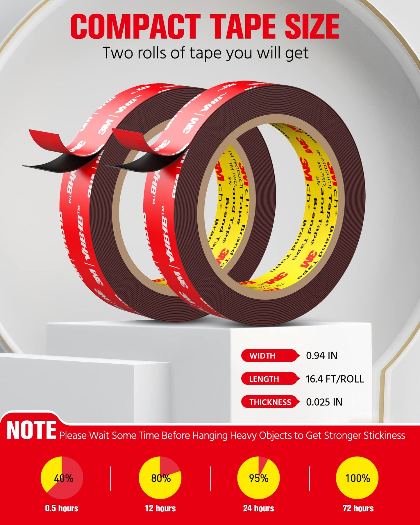 Double Sided Tape Heavy Duty (2 Pack), Waterproof Strong Mounting Adhesive Tape for Walls, Car, Home Decor, Office Decor, Made of 3M VHB Tape (16.4FT x 0.94IN)
