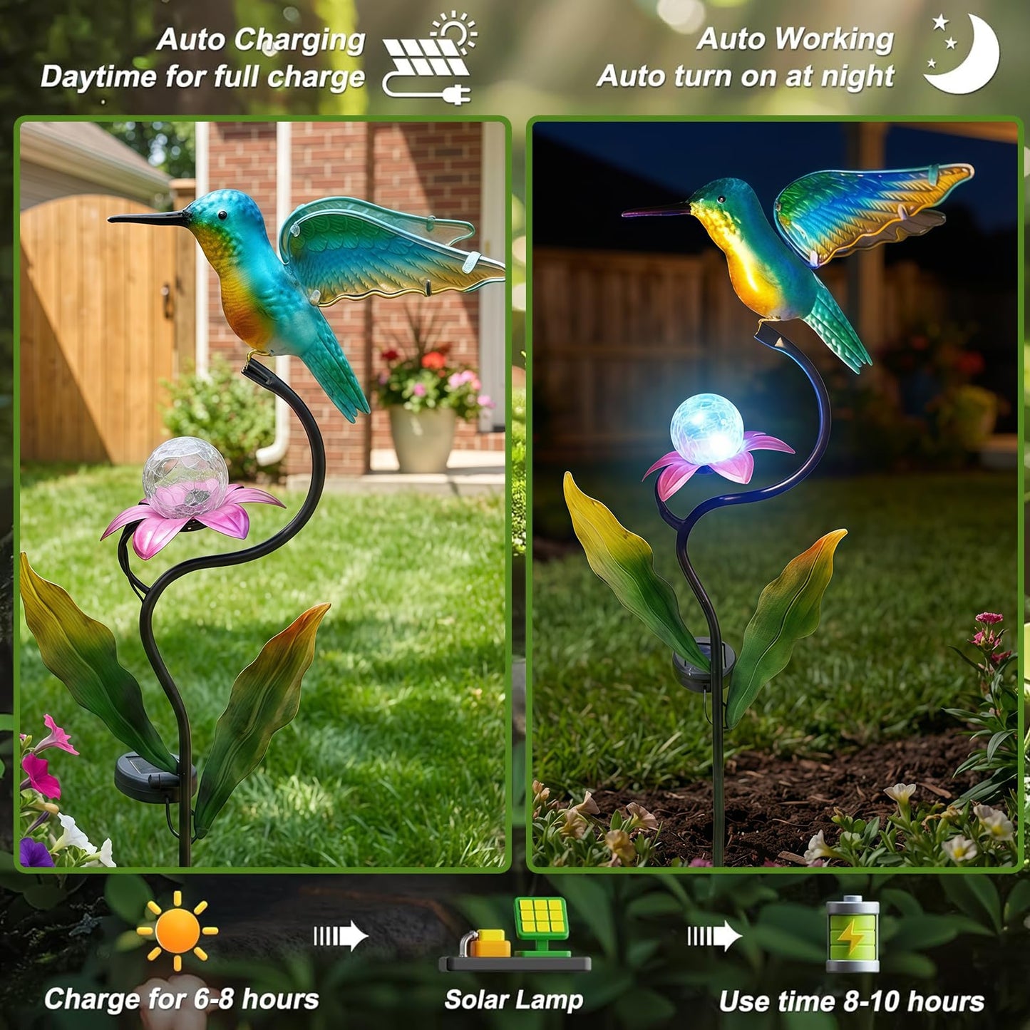 HONGLAND 46 Inch Solar Hummingbird Lights, Solar Garden Decor with Cracked Glass Ball, Hummingbird Decorative Garden Stakes Outdoor Waterproof for Lawn Patio Yard Porch, Gifts for Mom