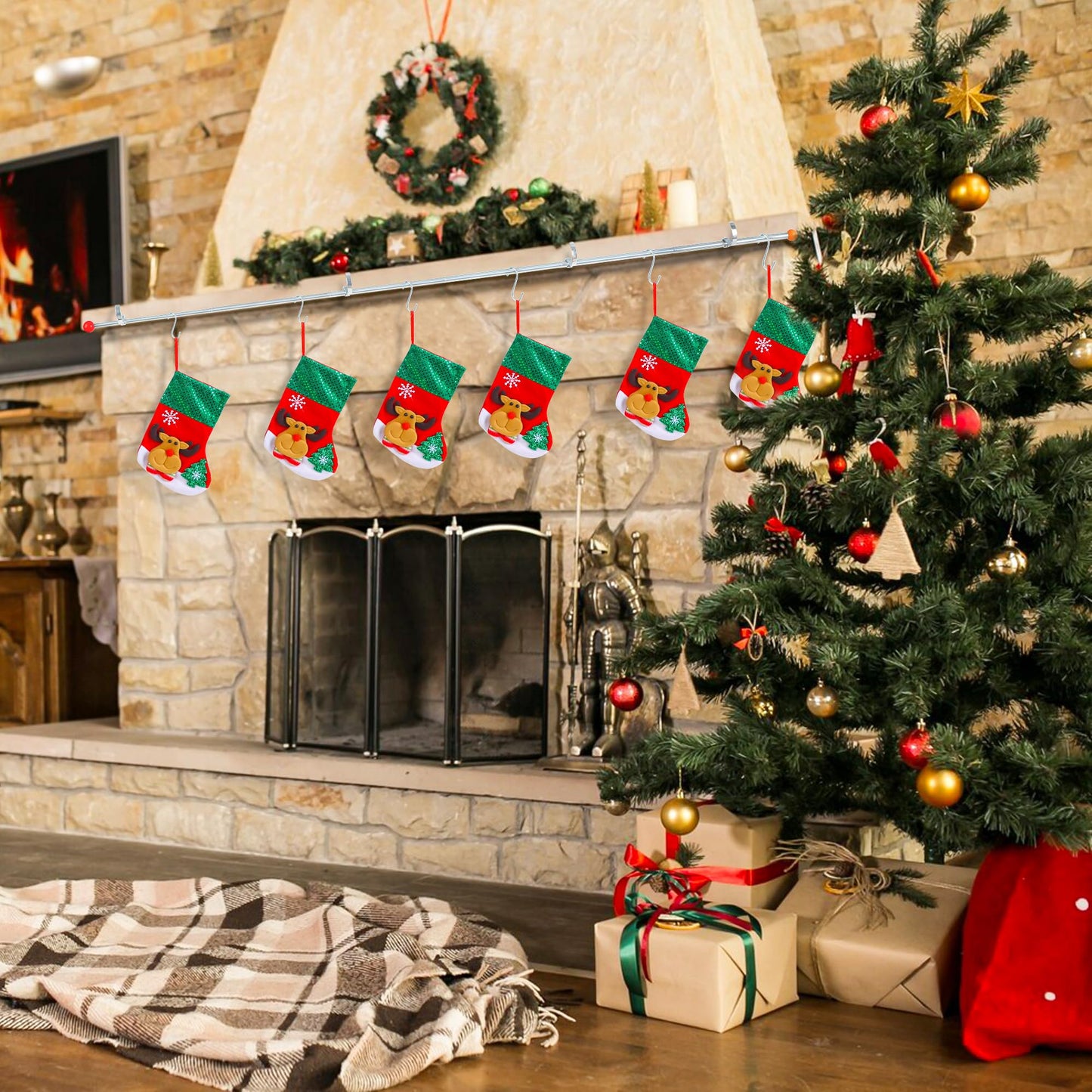 Muximud 3 in 1 Christmas Fireplace Stocking Holders for Mantel, 59" Adjustable Metal Mantel Garland Stocking Hanger Rod with 10 Hooks for Holiday Fireplace Counter Window Decoration