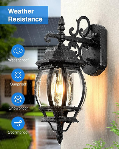 VIANIS Dusk to Dawn Outdoor Lighting Fixture for House, Black Exterior Wall Light Wall Mount Sconce with Tempered Glass, Modern Front Porch Light Lantern for Patio, Anti-Rust Coach Lights for Garage