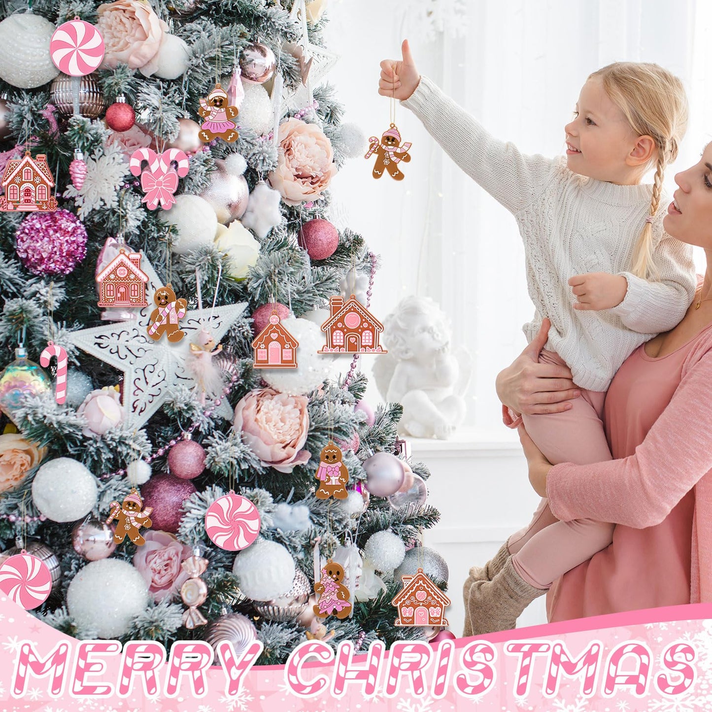 Vertintong 30 Pcs Pink Christmas Gingerbread Hanging Ornaments Pastel Gingerbread Ornaments Candy and House Soft PVC Christmas Tree Wall Hanging Decoration for Xmas Party Office Home Decor Winter