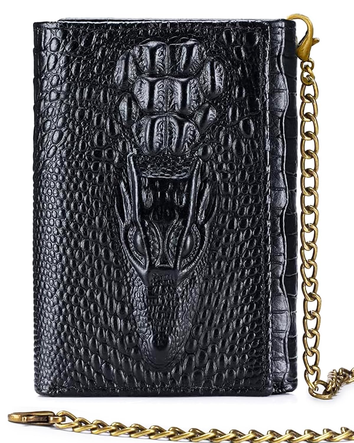 Steel Lion Mens Trifold Wallet Leather RFID Blocking, Crocodile Embossed Slim Wallet with 2 ID Window, 11 Card Slots, Detachable Anti-Theft Chain, Compact Wallet for Business Travel Daily Use (Black)