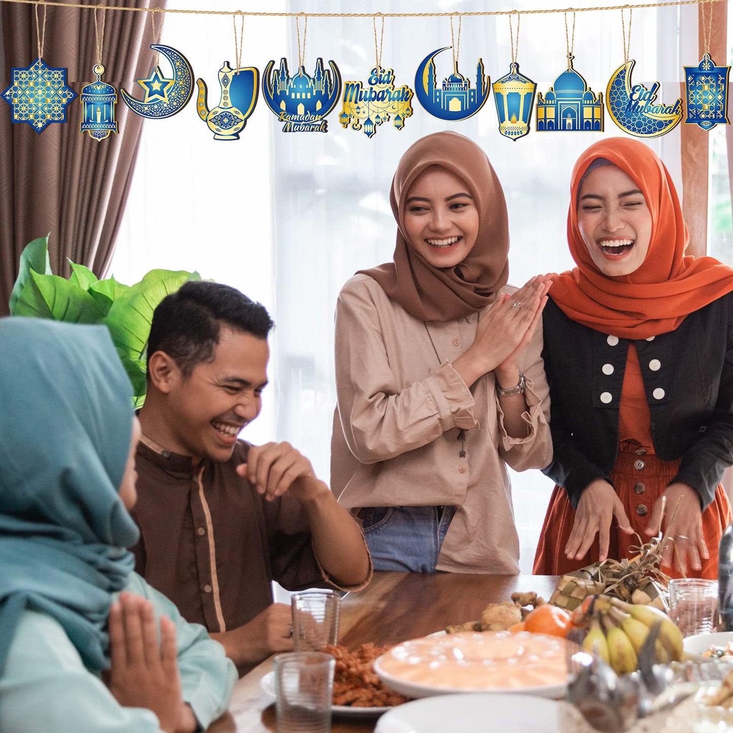 Patelai 36 Pcs Ramadan Ornaments for Tree Wooden Eid Mubarak Tree Decoration Blue and Gold Castle Lantern Star Islamic Hanging Decor Moon with Rope for Home Decor Party