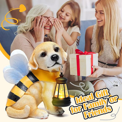 Solar Dog Statues Outdoor Decor, Solar Powered LED Lights Honeybee Puppy Figurines Garden Decorations for Patio Yard Lawn Ornaments Gifts for Dad, Mom or Birthdays