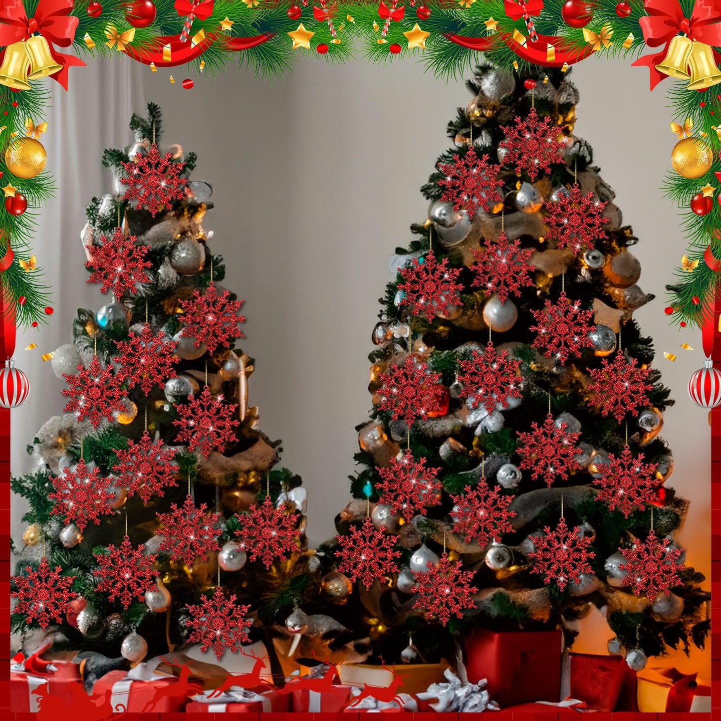 Vertintong 48 Pcs Burgundy Glitter Snowflake Ornaments Winter Tree Hanging Plastic Glitter Snowflake Ornaments Decorations for Xmas Winter Home Garland Holiday Decoration