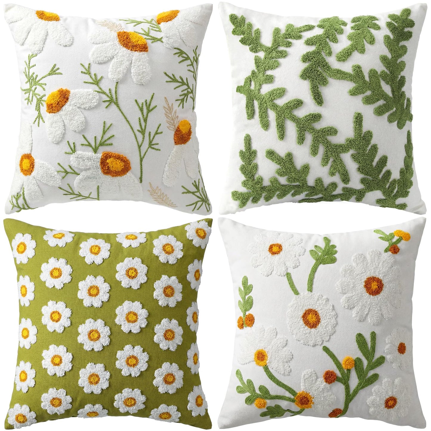 Fourluoo 4 Pcs Daisy Embroidered Throw Pillow Covers 18x18 Daisy Decorative Pillow Cover with Zipper Spring Floral Tufted Cushion Pillowcase for Bed Couch Sofa Living Room