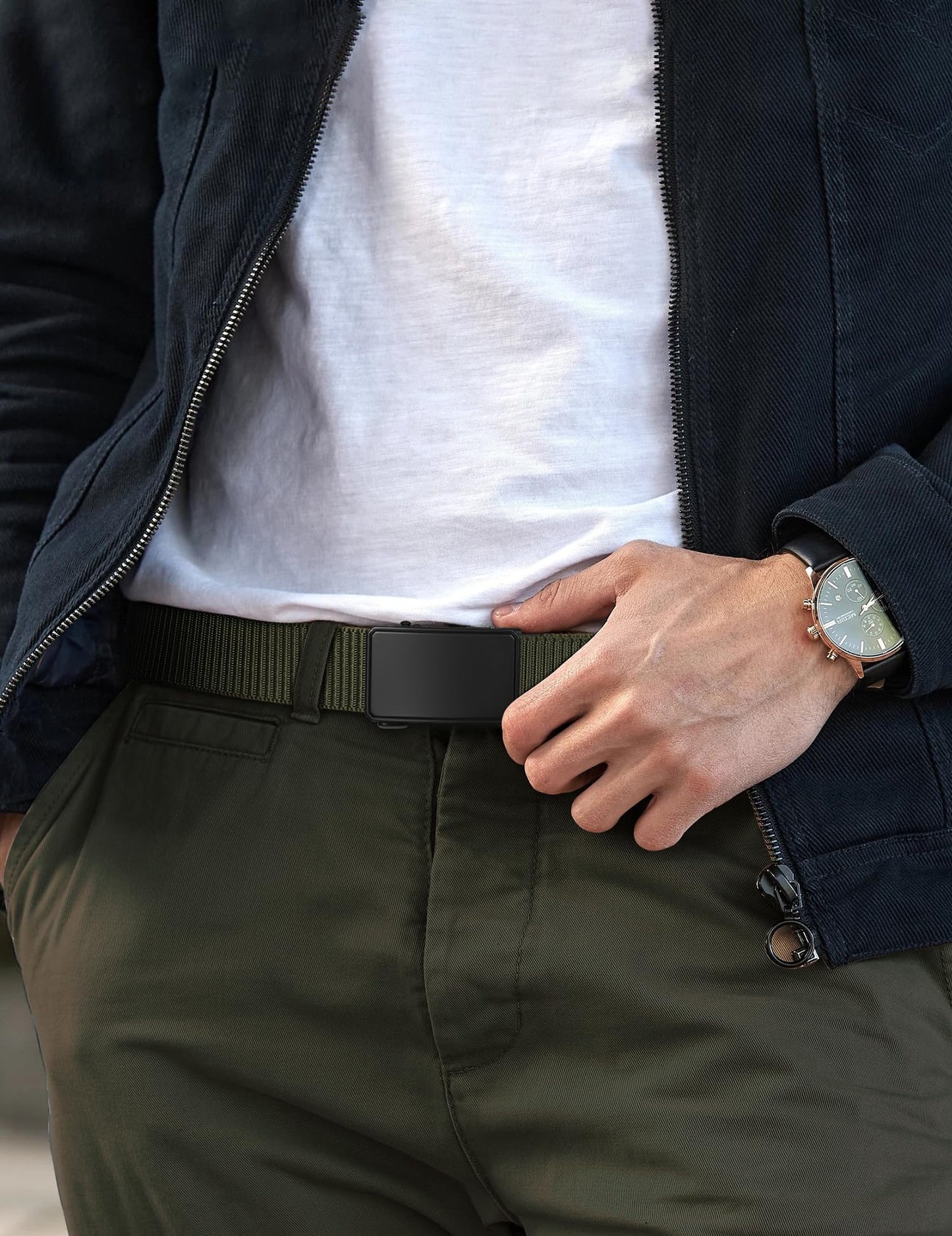 JUKMO Men's 1.5" Nylon Ratchet Belt, Casual Web Click Tactical Belt with Slide Buckle for Jeans, No Holes Adjustable Trim to Fit(Army Green,Small)