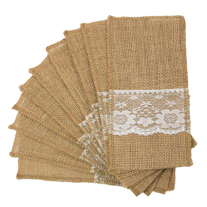 FQTANJU 50 PCS 4"x8" Burlap Lace Utensil Cutlery Holders Pouch Silverware Holder Knifes Forks Bags Burlap Napkin Bag for Rustic Wedding Party Decorations favors