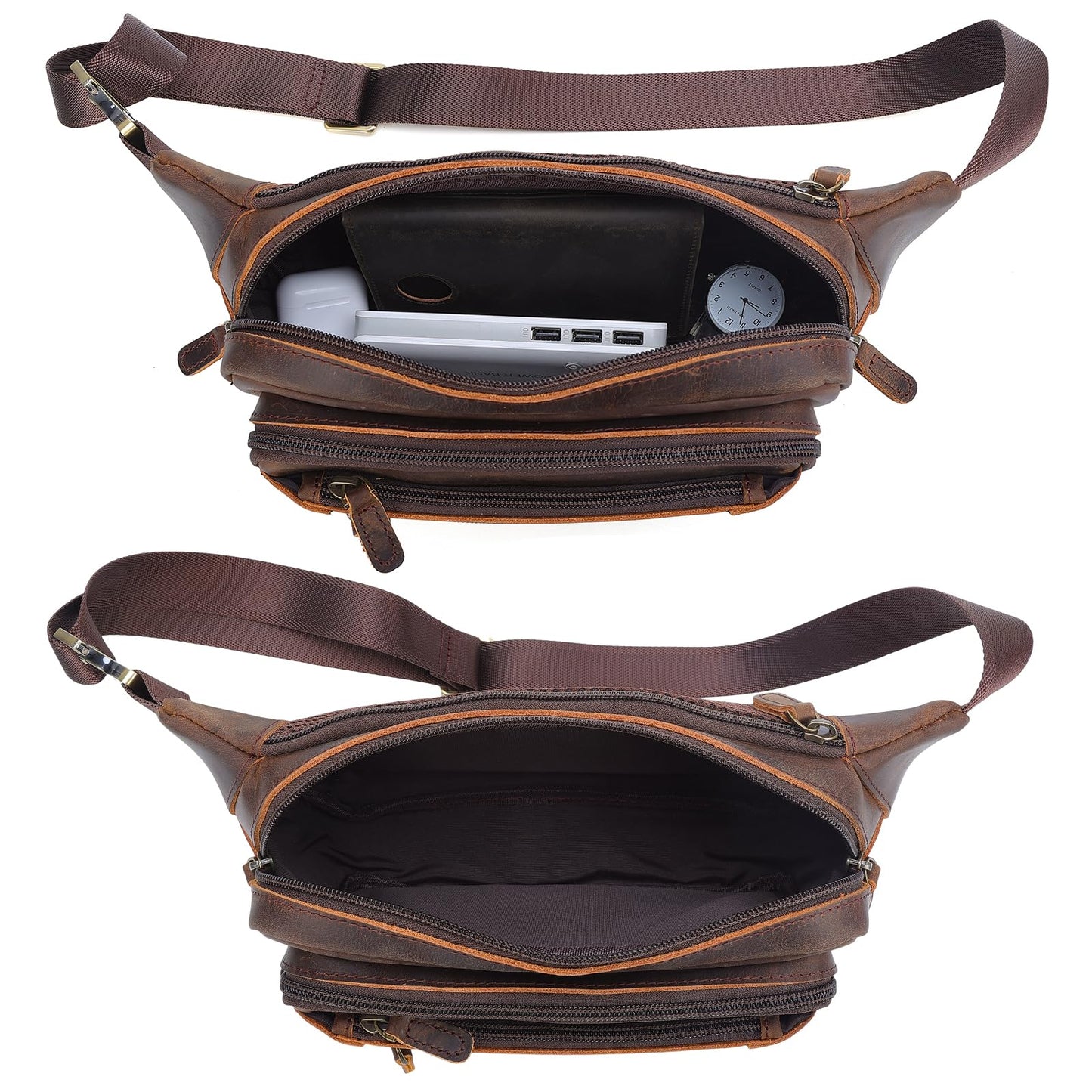 Polare Full Grain Leather Fanny Pack/Waist Belt Bag for Men and Women Large Capacity Crossbody Organizer For Travel Outdoor Sports Hiking Cycling Running