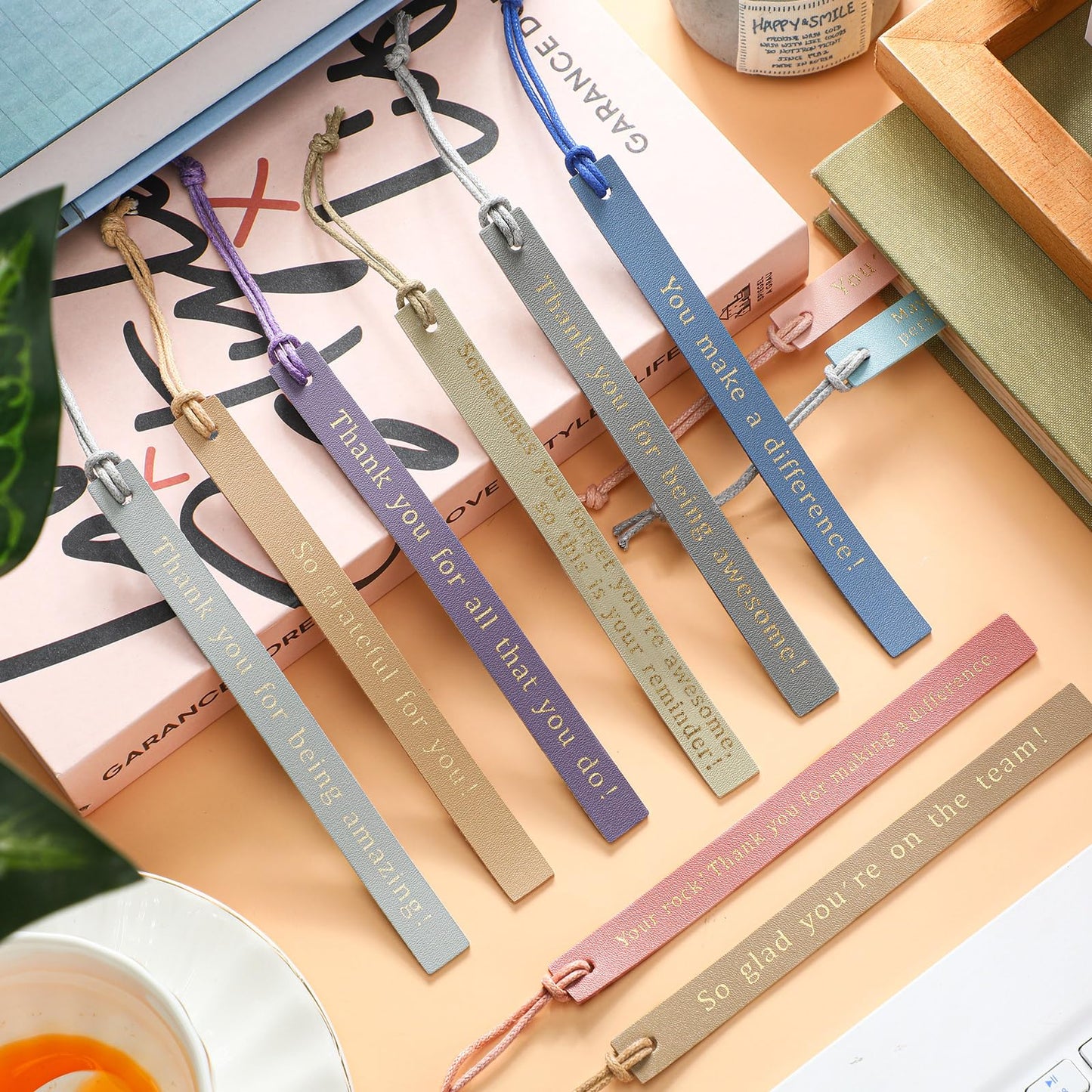 Skyygemm 30 Pcs Thank You Gifts Bookmark Bulk Employee Appreciation Gift Leather Inspirational Bookmark Pastel Leather Bookmark for Coworker Team Nurse Teacher Volunteer