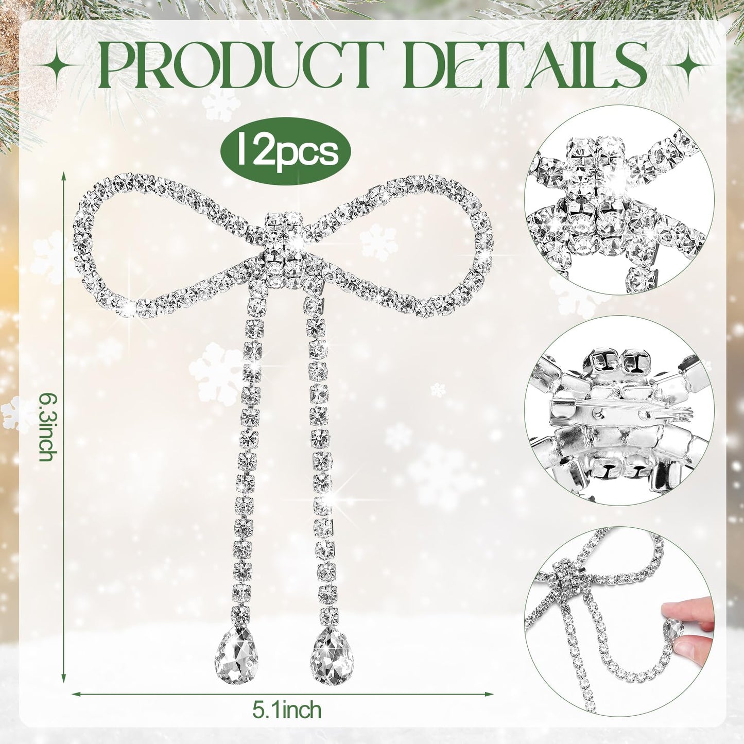 Highergo 12 Pcs Rhinestone Christmas Bows Ornaments Sparkly Glitter Bow Christmas Tree Ornaments for Xmas Wreath Garland Fireplace Home Decorations(Classic Style,Silver)
