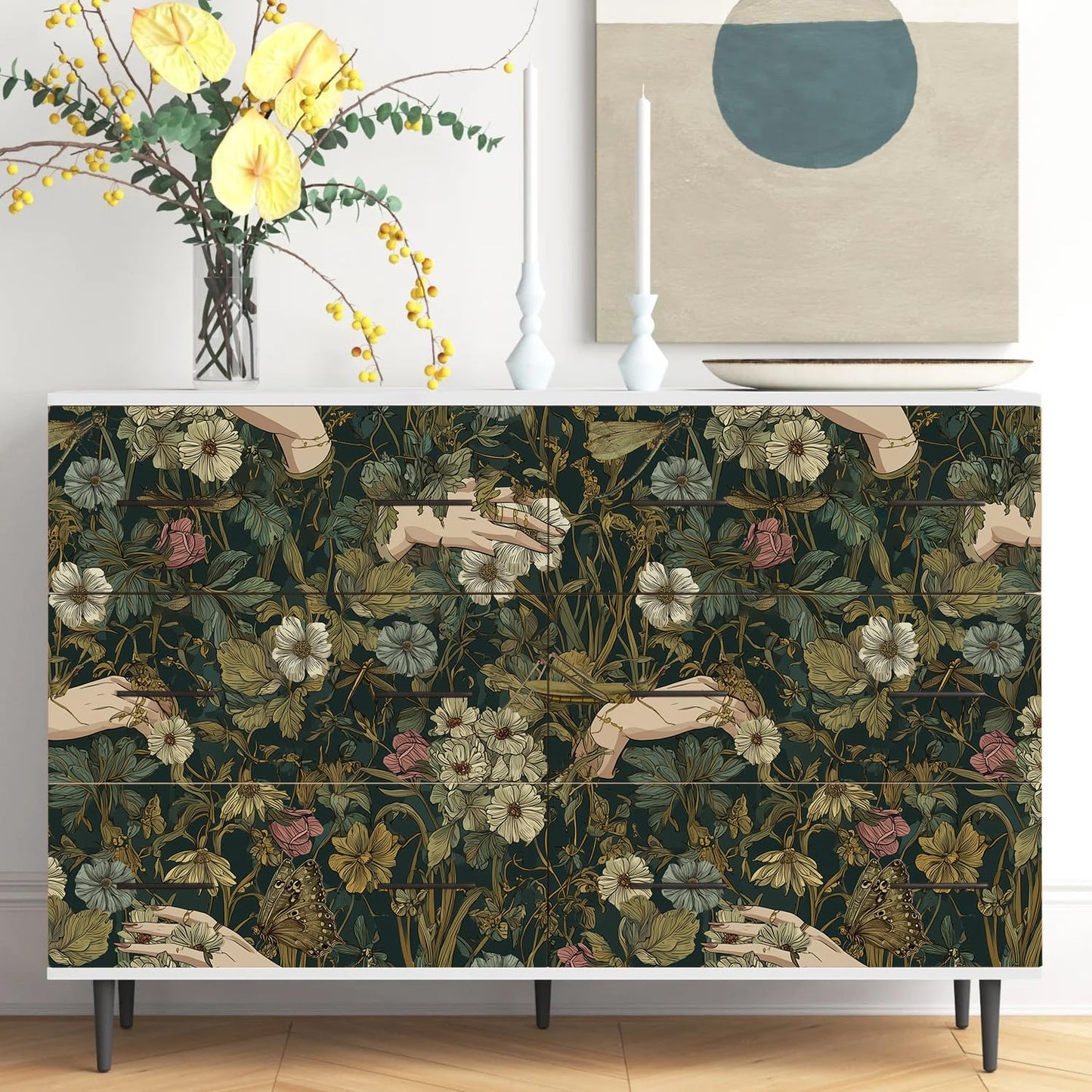 LHIUEM Gothic Flower and Hands Contact Paper Victorian Goth Hands Whimsical Wallpaper Dark Academia Peel Stick Wallpapers(17.3"×118") Boho Whisty Flowers Vintage Wallpaper for Room Wall Cabinet