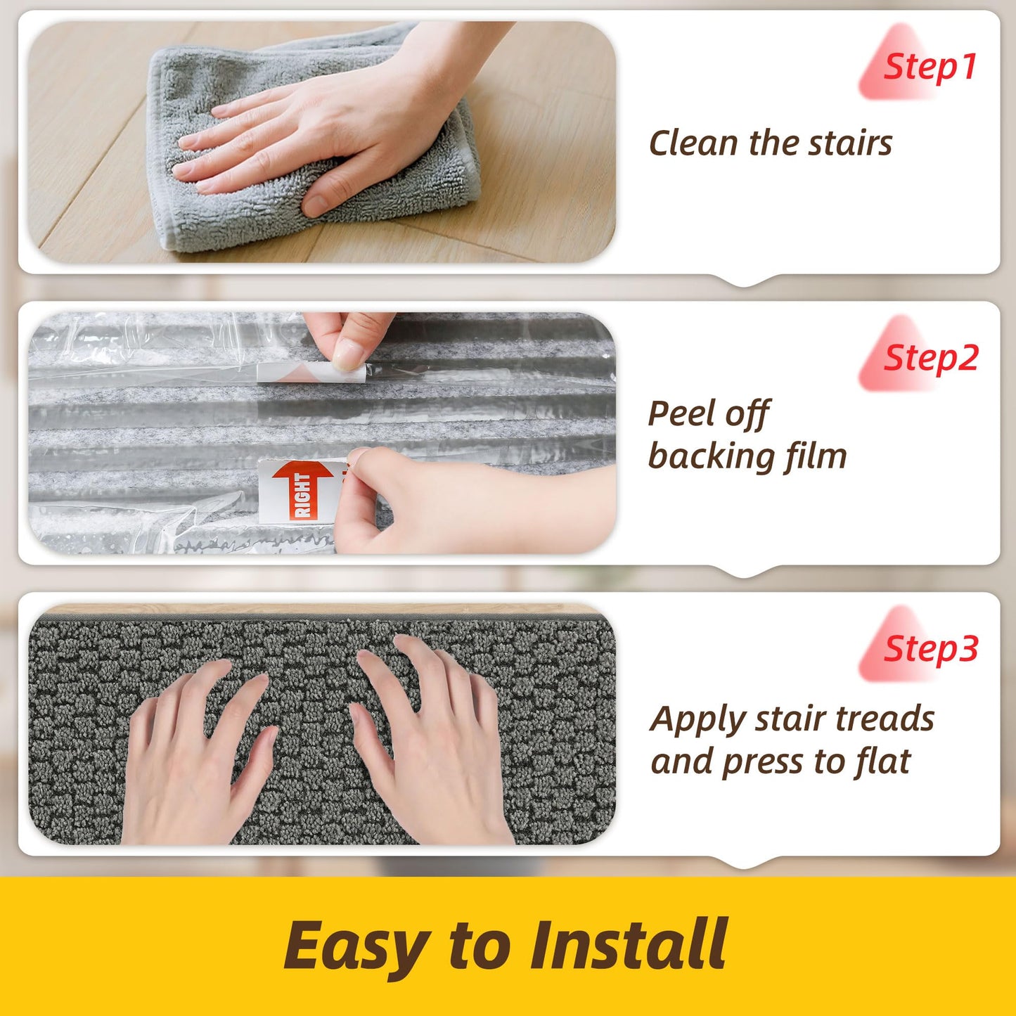 JSEI Stair Treads for Wooden Steps, 4 Pack 9" X 28" Non-Slip Machine Washable Carpet Stair Treads with TPE Backing, Soft Indoor Stair Rug Runner for Kids Elders & Pets, 100% Polyester, Grey