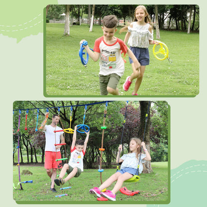 Craft Ninja Warrior Obstacle Course Accessories Kids Outdoor Play - 7pc Rings, 2pc Swing Trapeze Wheels & 2pc Monkey Bars