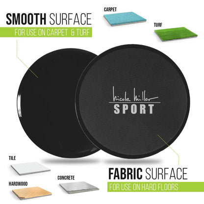 Nicole Miller Exercise Sliders for Fitness Workout [2PK], Double Sided Gilder Strength Slides Discs Work Smoothly on Any Surface for Stretch Strength Core Exercise (Black)