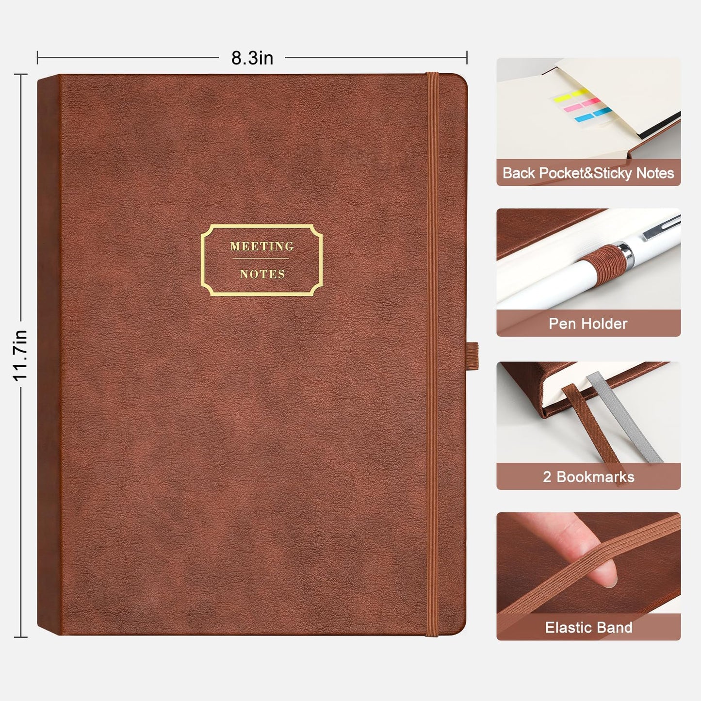 EMSHOI Meeting Notebook for Work with Sticky Tabs - 240 Pages, A4 Size Project Planner, PU Leather Meeting Agenda/Minutes Organizer for Women Men, Note Taking, Office & Business, 8.3"x11.7", Coffee