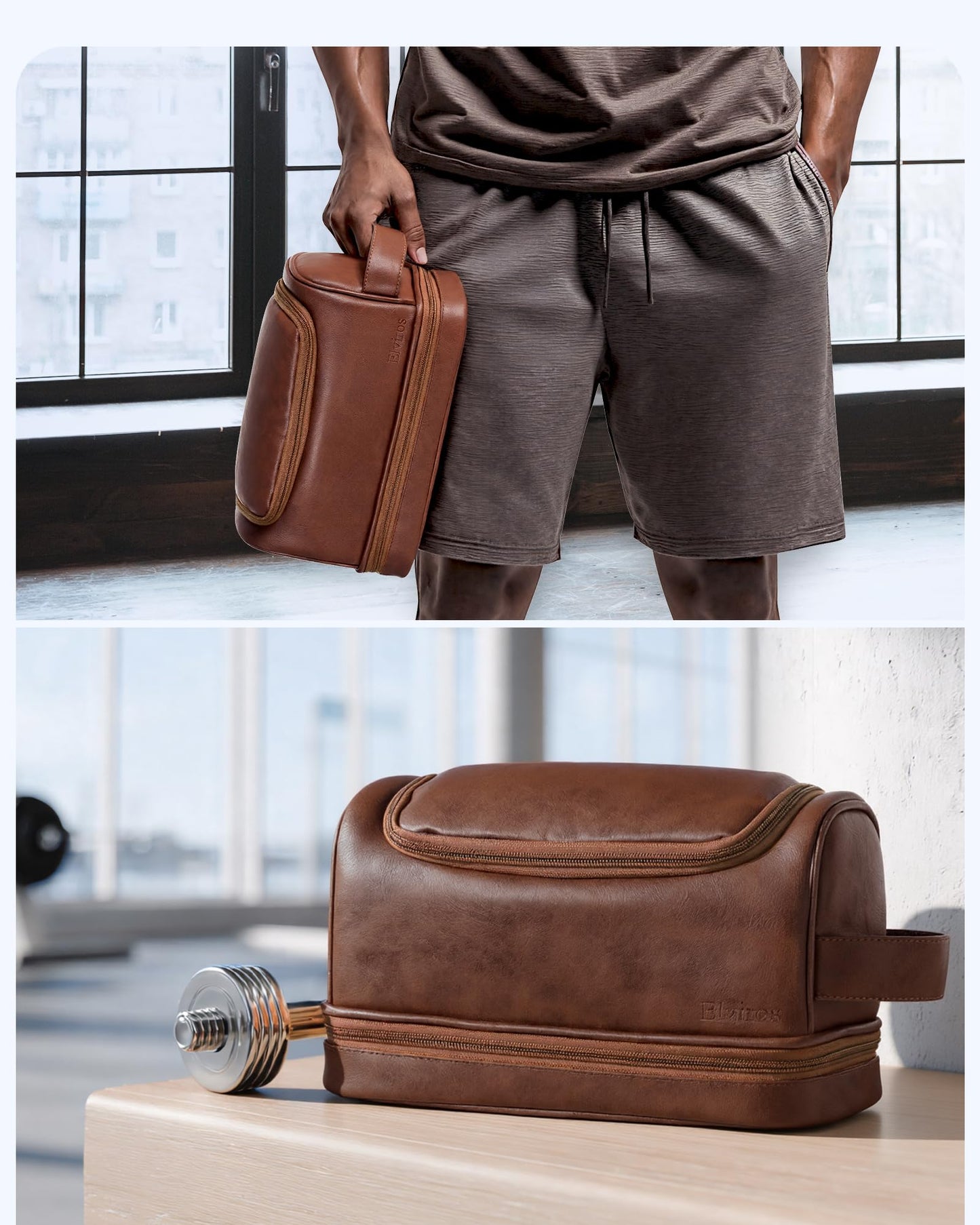 Elviros Toiletry Bag for Mens PU Leather Travel Organizer Kit with Hanging hook, Large Water-resistant Toiletries Bathroom Shaving Bag, Gift For Men (Dark Brown)