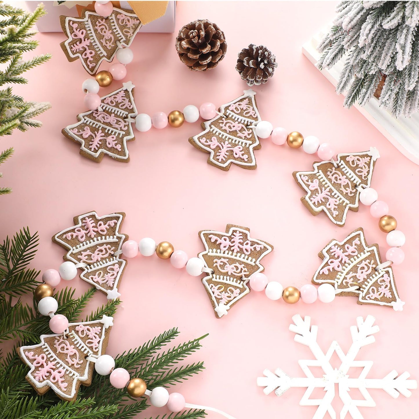 AceOrbit 8.2ft Christmas Tree Garland Pink Polymer Clay Christmas Tree Banner Farmhouse Xmas Wooden Beads Hanging Ornaments for Xmas Holiday Mantel Fireplace Window Wall Decor