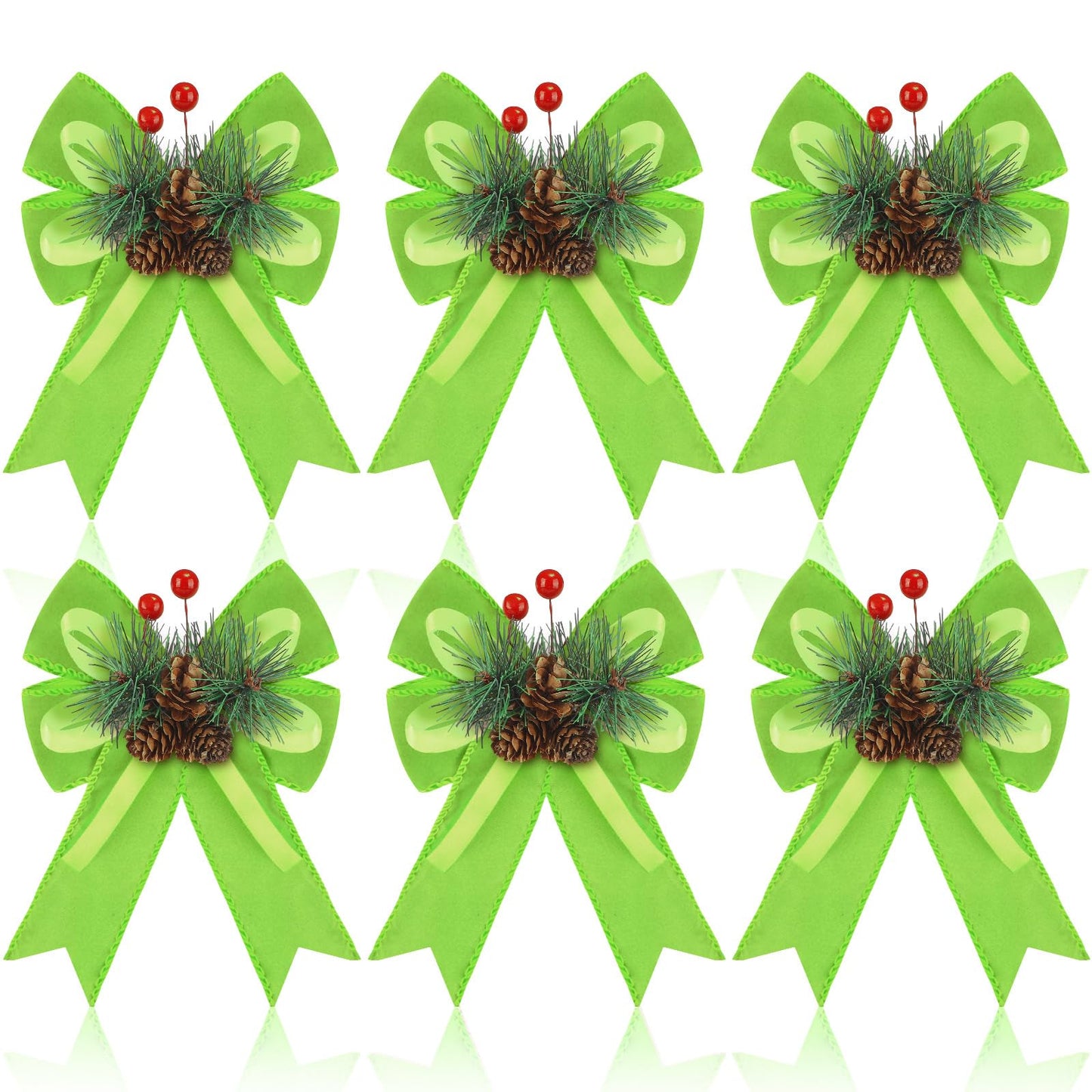 Syhood 6 Pcs Christmas Velvet Bow with Pine Cones Pine Needles Berries Xmas Lime Green Ribbon Bow Ornaments 6.3 x 5.1 Inch for Christmas Tree Wreath Garden Fireplace Crafts DIY Decor