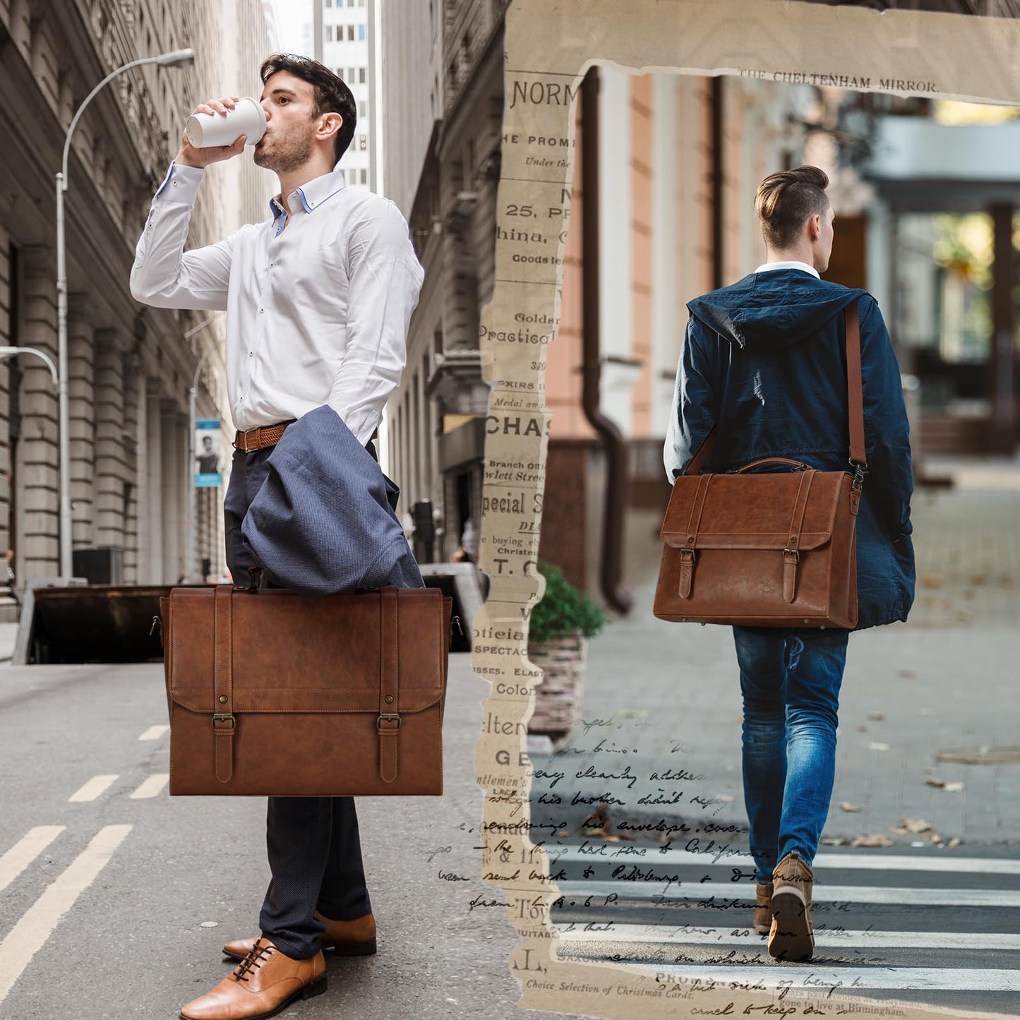 IGOLUMON Messenger Bag for Men 15.6 inch Vintage Leather Waterproof Laptop Briefcase Large Computer Laptop Bag Leather Satchel Bag Retro Shoulder Bag for Office Business Travel College, Brown