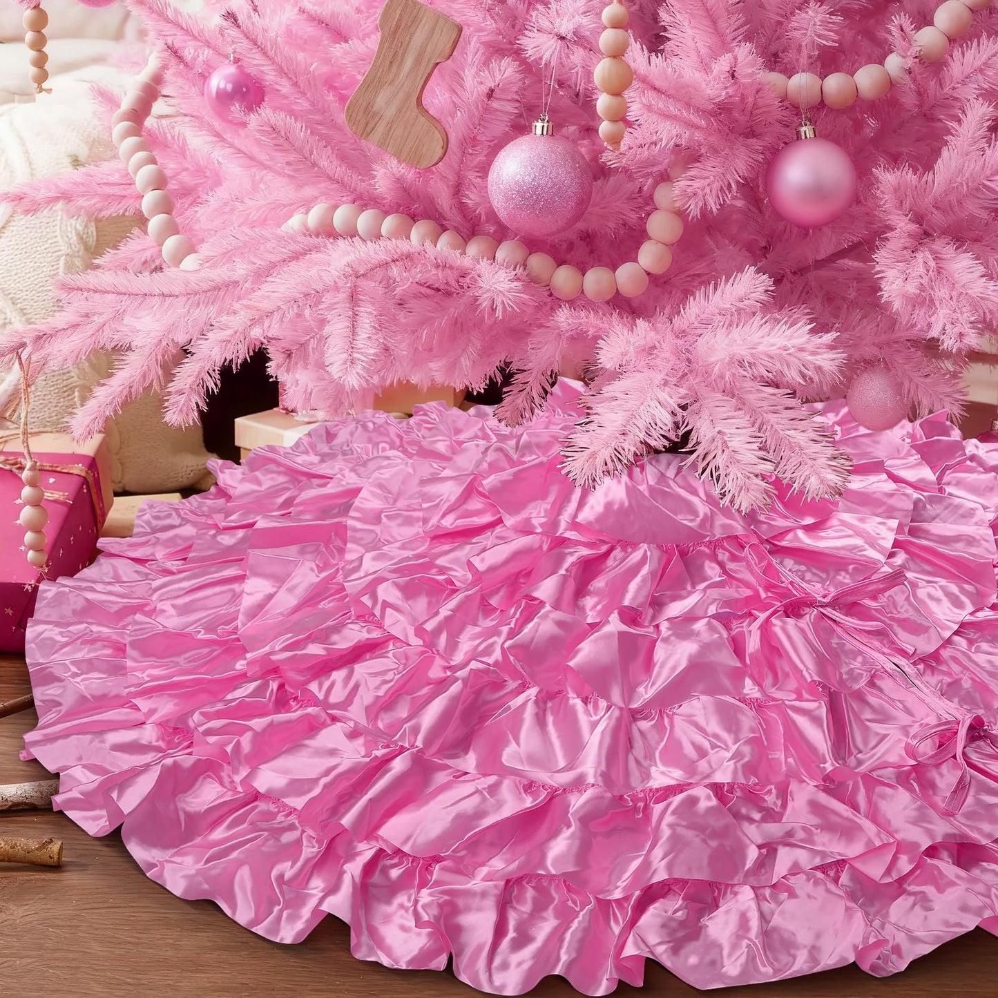 tiosggd Hot Pink Ruffle Tree Skirt, 48 inch 6-Layer Spring Pink Fluffy Tree Skirt, Large Candy Tree Rug for Artificial Trees 6-7.5 FT, Summer Wedding Tree Decorations Ornaments