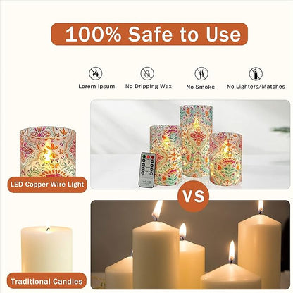 Printed Flameless Candles with String Lights - Set of 3 Colorful Battery Operated Candle Flickering Floral LED Pillar Candles with Timer Remote for Home Decor Romantic Ambiance,BFLY