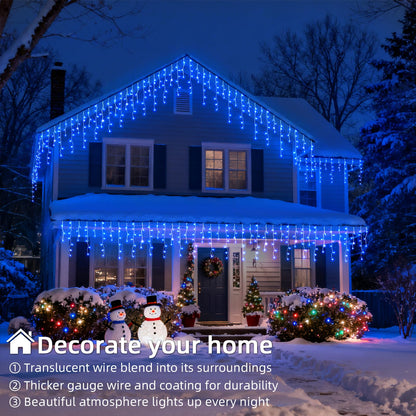BYIZO Christmas Outdoor Icicle Lights - 200 LED 21+16 FT 8 Modes Curtain Fairy String Light Plug in, Waterproof for Eaves Yard Holiday Xmas Holiday Indoor Outdoor Decoration - Blue