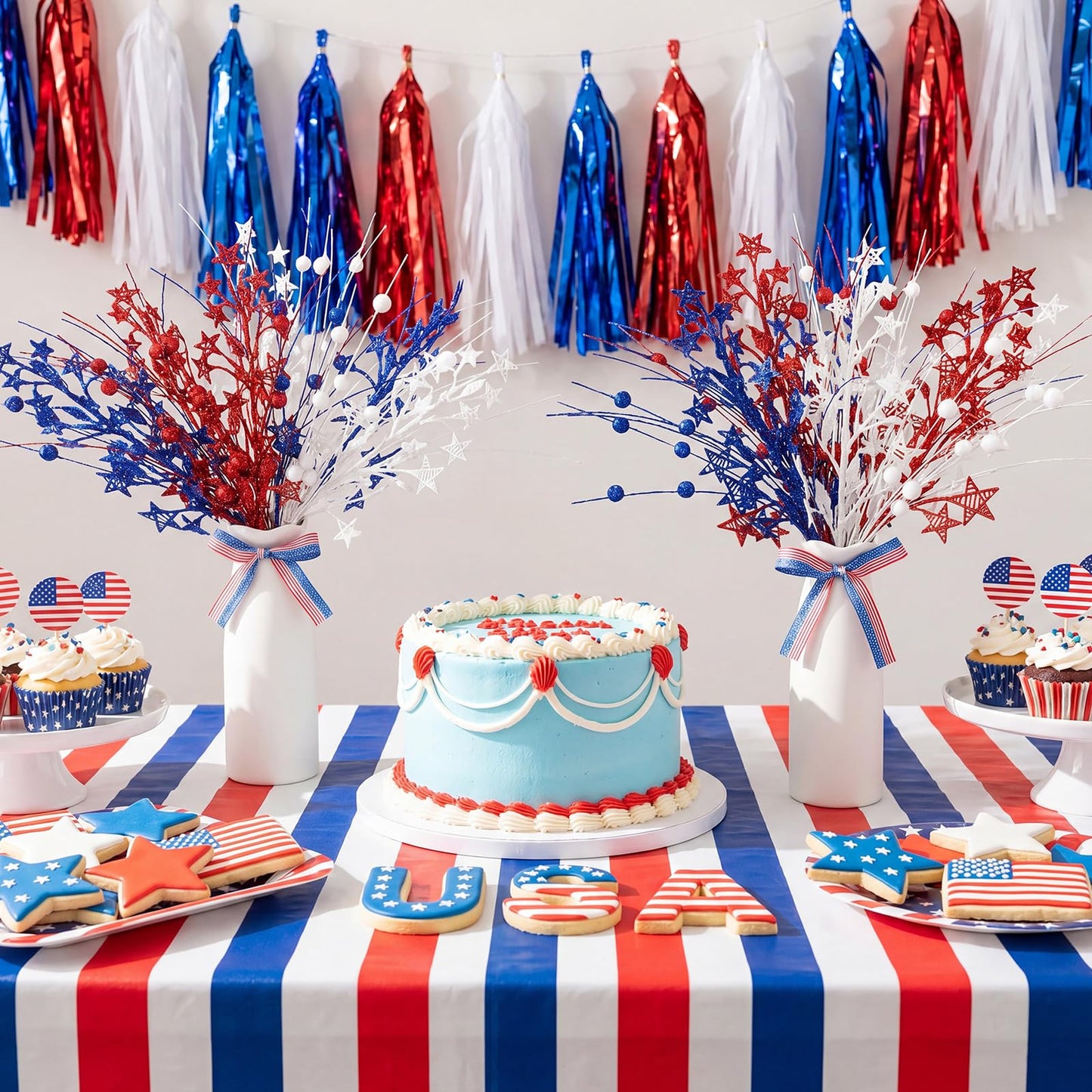 Weysat 4th of July Decorations 2 Sets Artificial Flowers and Vase Red Blue White Patriotic Flowers Memorial Day Floral Arrangement for 250th Anniversary Home Outdoor Table Decor(Star)