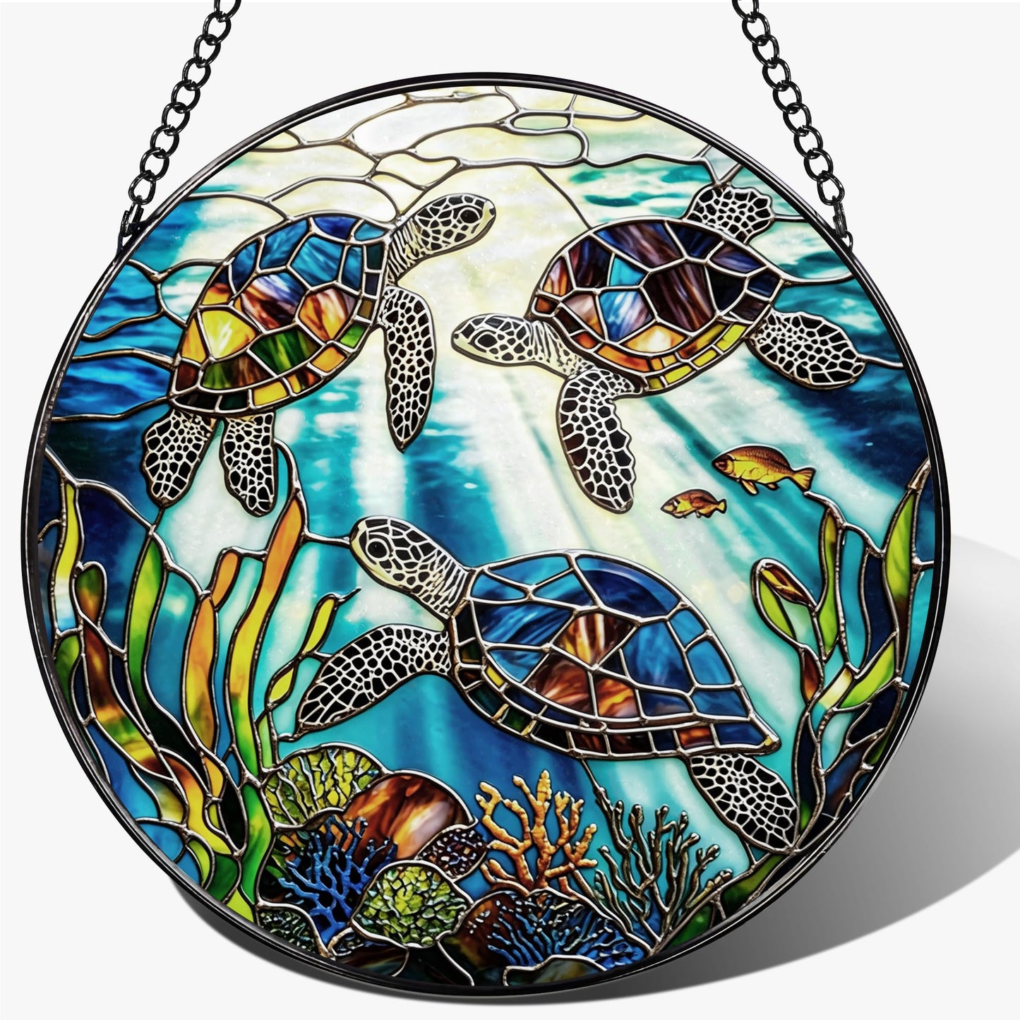 Stained Glass Window Hanging, 7.8 Inch Sea Turtle Stained Glass Sun Catcher, Ocean Window Hanging Art, Window Ornament Suncatcher, Turtle Lover Gift, Coastal Gift for Beach Lover, Gifts for Him & Her