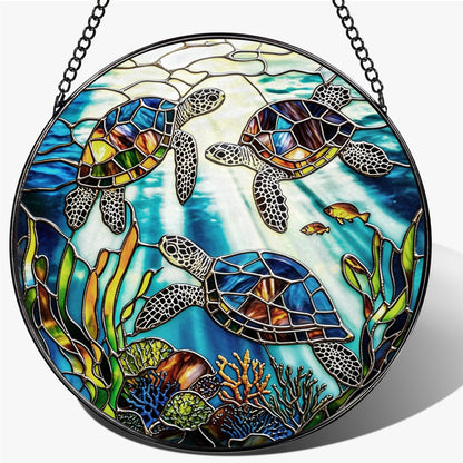 Stained Glass Window Hanging, 7.8 Inch Sea Turtle Stained Glass Sun Catcher, Ocean Window Hanging Art, Window Ornament Suncatcher, Turtle Lover Gift, Coastal Gift for Beach Lover, Gifts for Him & Her
