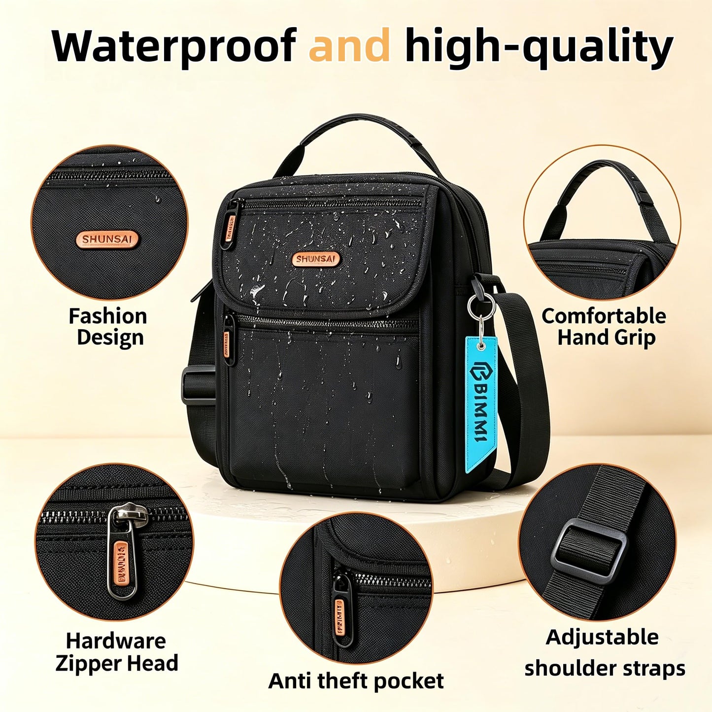 BIMMI Waterproof Messenger Bag for Men Casual Shoulder Crossbody Bag for Work and Travel - Small Handbag bags Man purse black