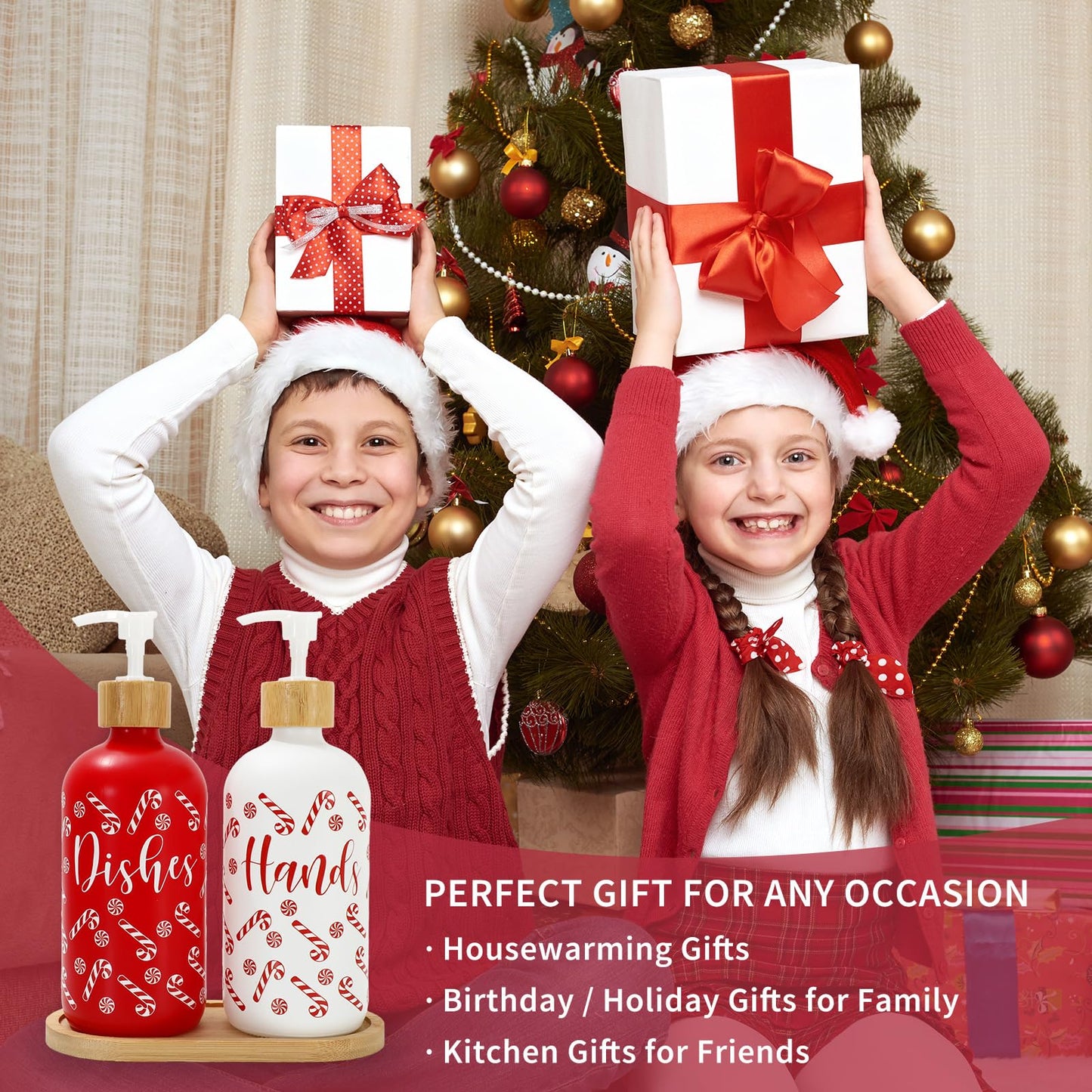 FYSUIMU 2 Pcs Christmas Soap Dispenser Glass Soap Dispenser with Pump Red Xmas Candy Cane Refillable Liquid Container for Hands Dishes Party Home Kitchen Bathroom Decor