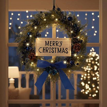 Lighted Christmas Artificial Cedar Wreath for Front Door with Hanger Christmas Wreaths Faux Norfolk with Velvet Bow LED Lights Jingle Bells Pinecone Berries Indoor Window Xmas Holiday Decor(Blue)