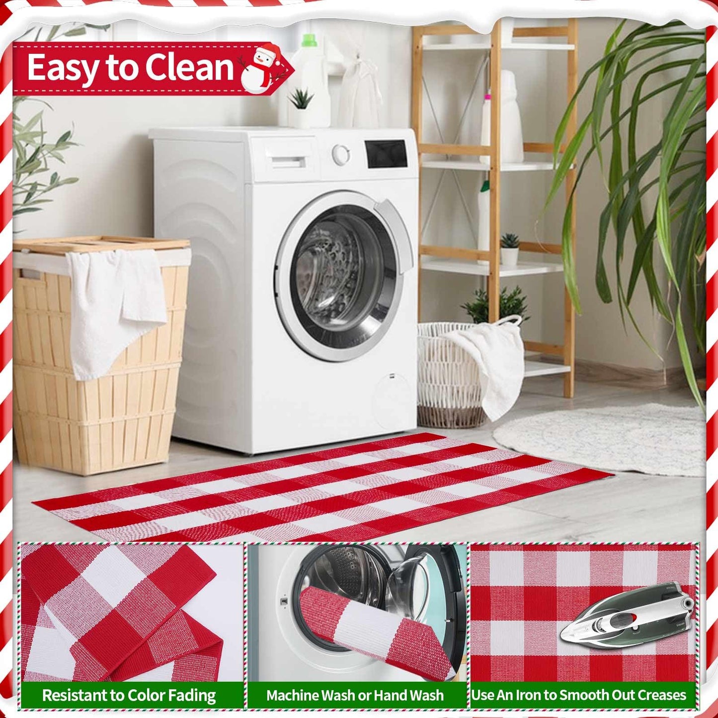Christmas Red and White Plaid Rug 4 x 6 Ft, Hand-Woven Indoor/Outdoor Layered Cotton Blend Buffalo Plaid Rug, Washable Front Door Mat, Perfect for Porch, Living Room, Entryway