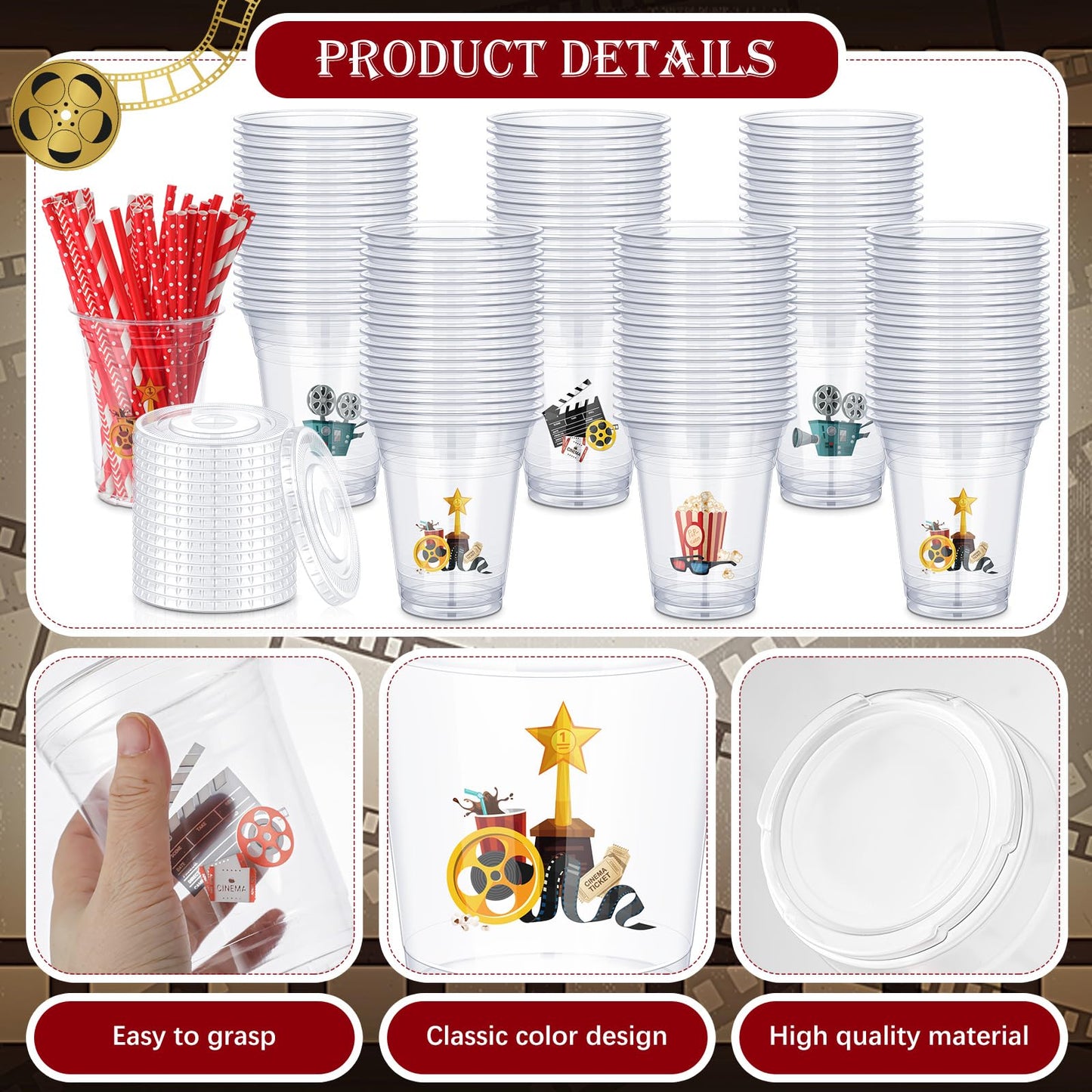 Bokon 172 Pcs/ 24 Sets of Halloween Movie Night Snack Trays Funny Cartoon Pumpkin Vampire Monster 3 Sizes Snack Boxes, 16 oz Disposable Drinks Cups, 50 Straws, Sealing Stickers for Cinema Party Decor
