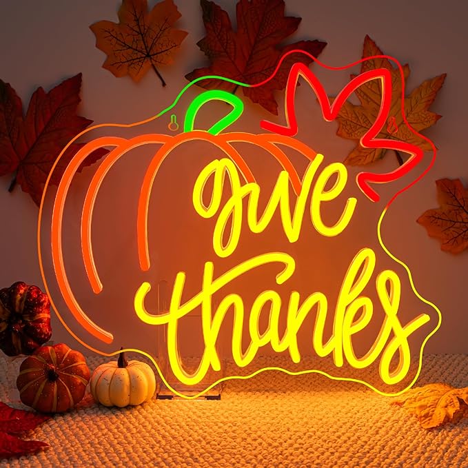 Give Thanks Neon Sign with Light Up Pumpkin LED Neon Light Fall Themed Pumpkins Decor for Bedroom Fall Wall Decor Gift for Teens and Adults