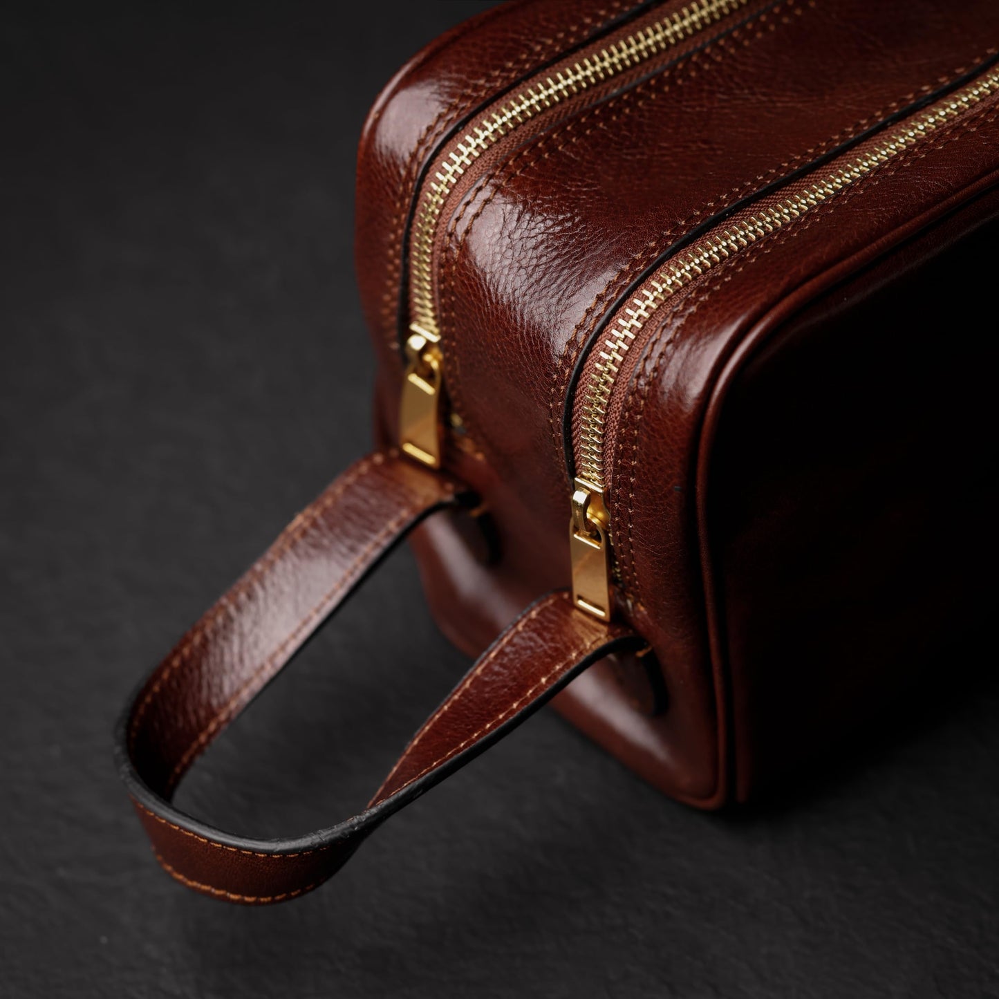 Time Resistance Leather Cosmetic Bag - Italian Toiletry Dopp Kit (Brown)