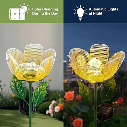 Flower Solar Lights for Outside,2 Pack Metal Flower Solar Lights for Outside,Tulip Solar Powered Garden Light Outdoor Decor,Housewarming Ornament for Patio, Lawn, Yard, Pathway (Breathing Light)