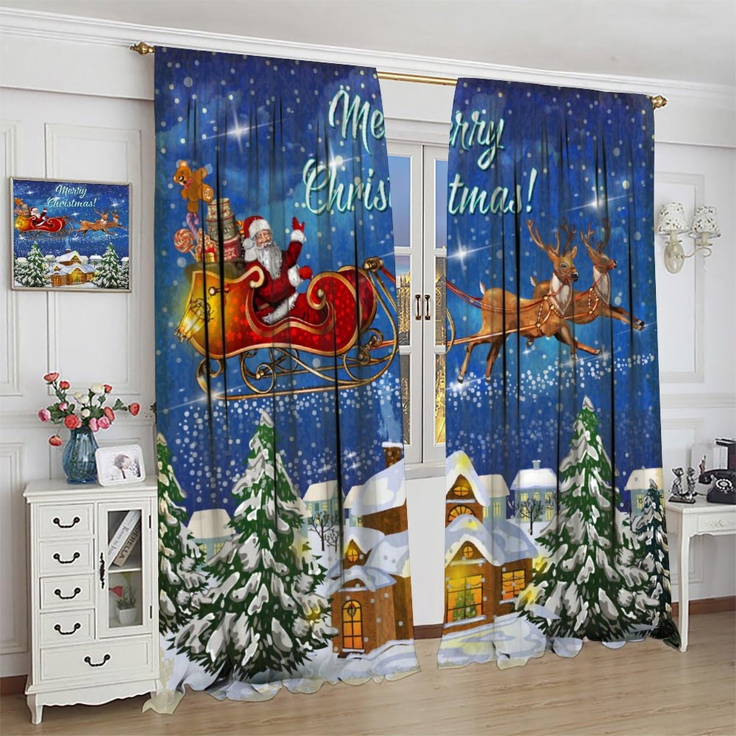 FengMingRui Christmas Curtains Santa Claus Sleigh Chimneys New Year Christmas Patterns Printed Window Treatment Bedroom Living Room Decoration Blackout Decor Window Drapes 52" W X 84" L