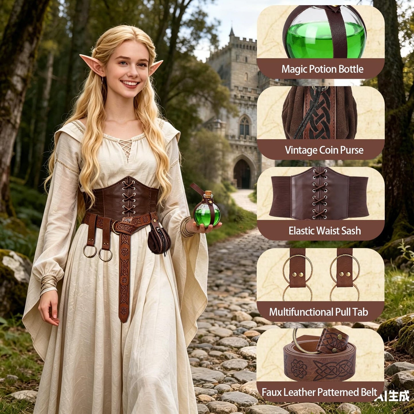 Renaissance Belt Pouch Corset Waistband Magic Potion Bottle Skirt Hike Steampunk Costume Accessory(Brown-A, X-Large)