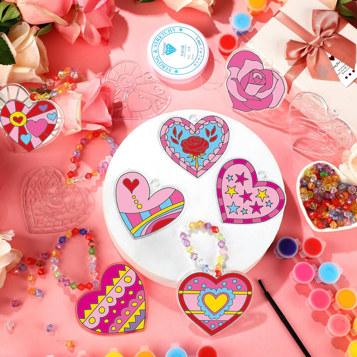 Beeveer 30 Sets Valentine's Day Suncatchers Craft Kits Heart Suncatcher Ornaments DIY Window Paint Art Sun Catchers for Valentines Adults Art Project Party Favors Gift (Heart)