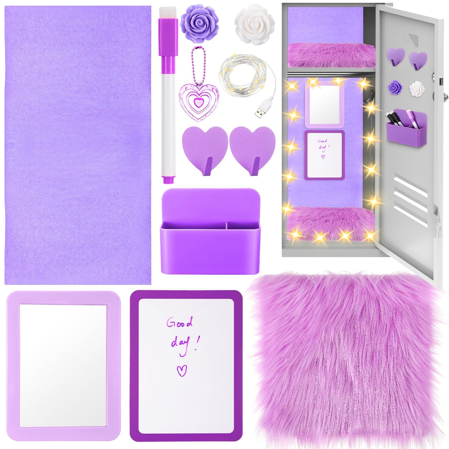 Wonderjune 12 Pcs Locker Accessories Kit Magnetic Mirror Whiteboard Pen Holder Magnet Hook Locker Wallpaper Rug Keychain Marker String Light for Back to School Essentials Decorations (Purple)