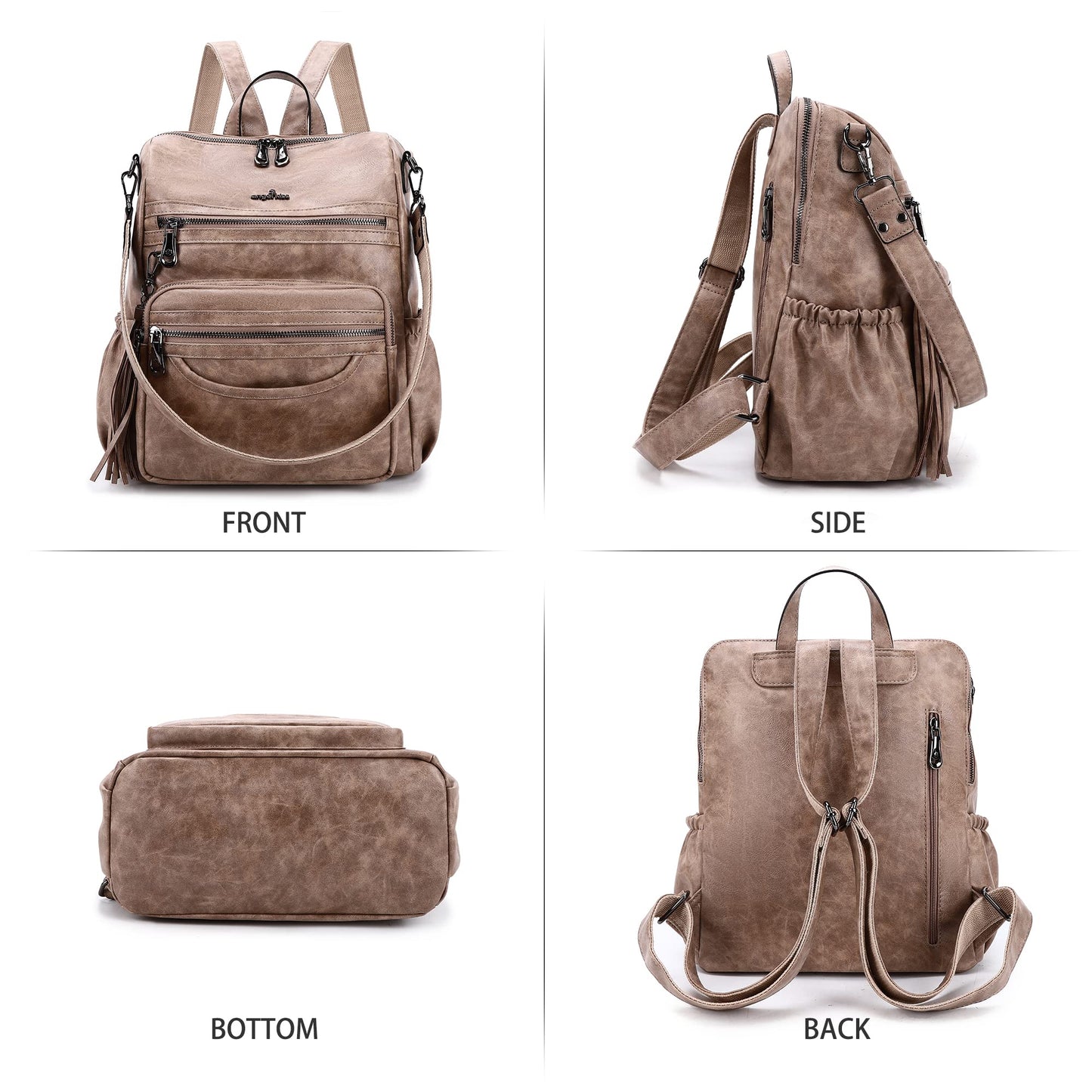 Angel Kiss Backpack Purse Women PU Leather ladies fashion shoulder bag Casual Tassel Zipper Backpacks(Taupe)