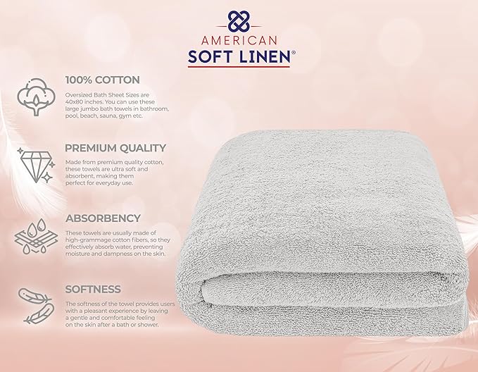 American Soft Linen 100% Cotton 600 GSM Turkish 40x80 Oversized Bath Towel Sheet