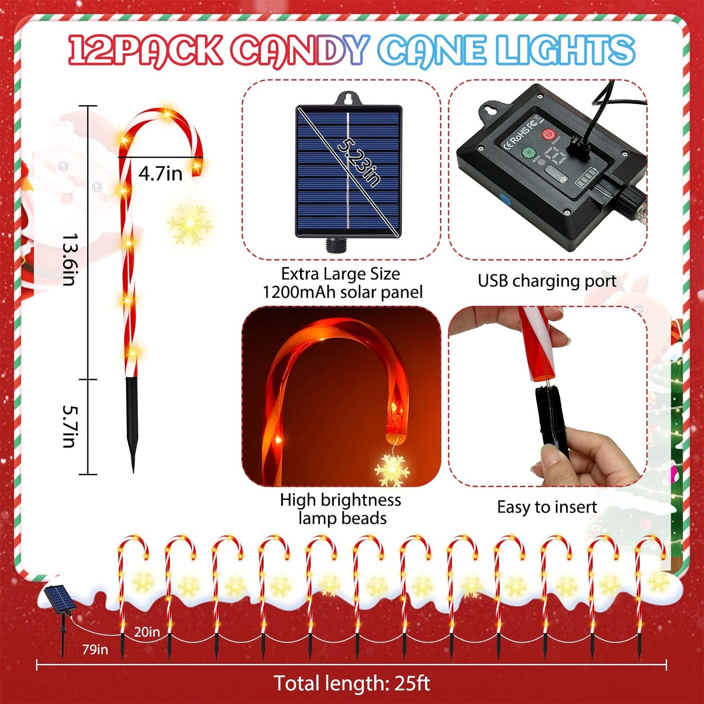 Solar Candy Cane Lights, 12 Pcs Christmas Decorations Outdoor, 8 Modes and Timer, Solar & USB Rechargeable, Waterproof Pathway Lights for Outdoor Christmas Yard Patio Walkway Decor