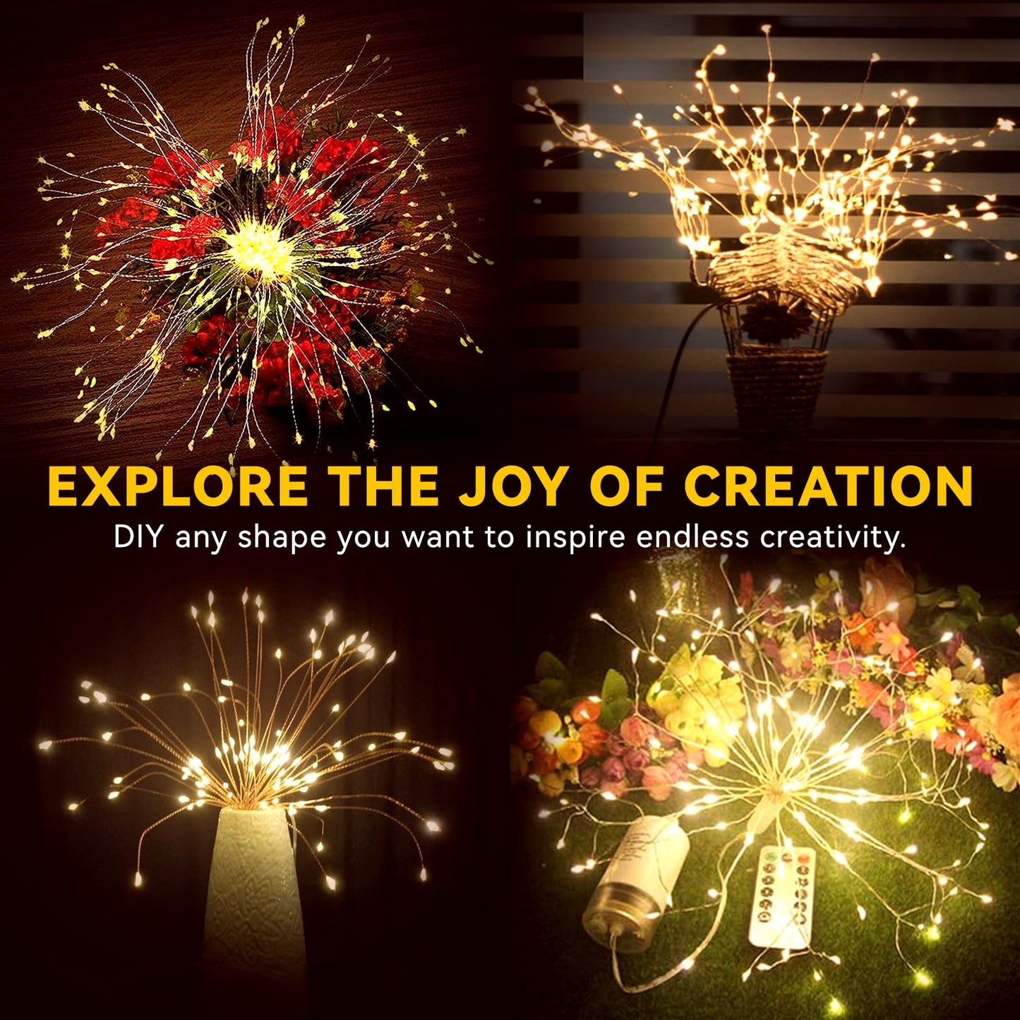 8 Pack Copper Wire Firework Lights, 120 LED String Lights with Remote Control - 8 Modes, Waterproof for Party, Home, Christmas, Garden & Outdoor Decoration