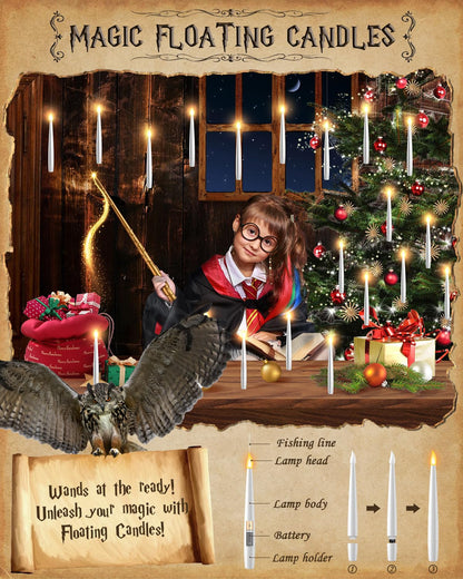TLPUHU Floating Candles with Wand - 18 Pcs Christmas Decorations Magic Flameless Candles Flickering Warm Light Battery Operated LED Hanging Candles for Christmas Window Bedroom Birthday Party Decor