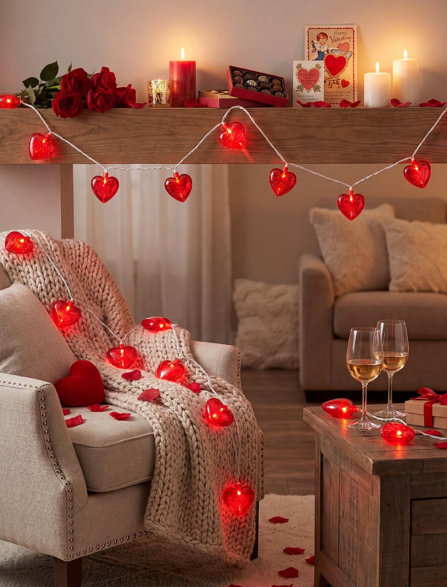 Valentines Red Heart String Lights Plug in, 8.5Ft Outdoor Valentine's Day Decorations Lights with 10 Red Glitter Heart Lights, Hanging Heart Fairy Lights for Indoor Window Wedding Birthday Party Decor