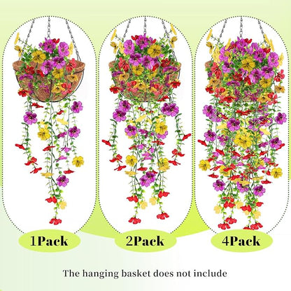 Artificial Fake Hanging Flowers Plants for Outdoor Spring Summer Decoration, 4pcs Faux Silk Realistic UV Sun Resistant Daisy for Outside Porch Patio Window Box Yard Home Decor (Colorful Mix)
